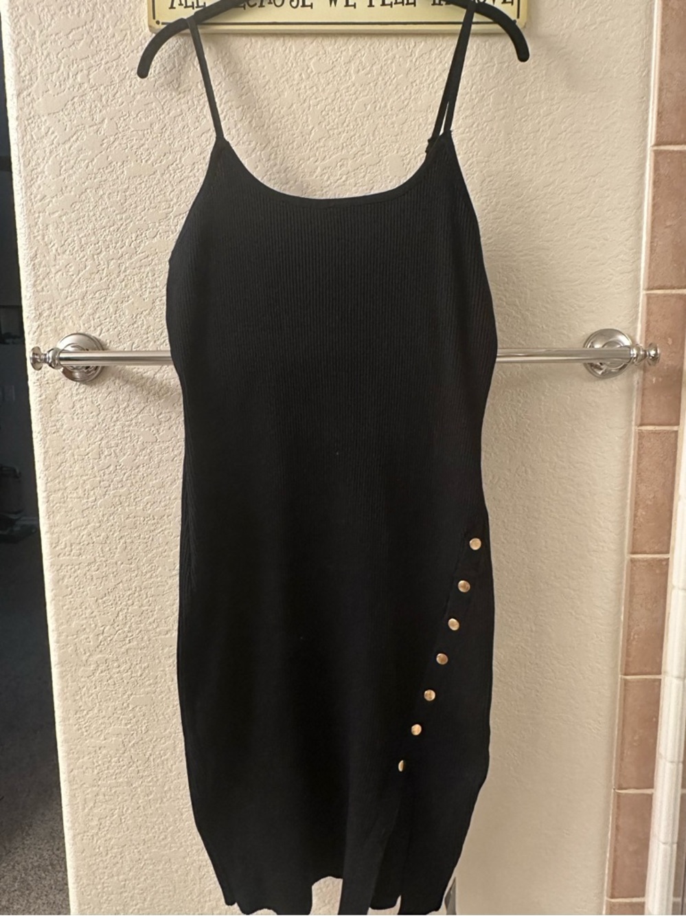 Black Midi Slip Dress with Gold Button Detail